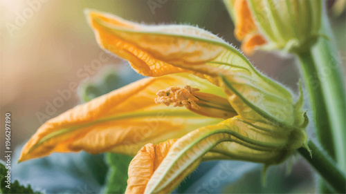 closeup of yellow squash blossom with green stem and leaves