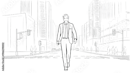 Businessman walking down city street with tall buildings