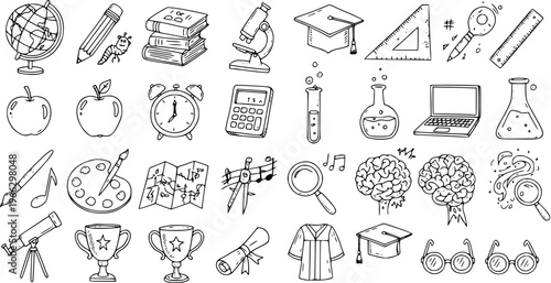 Hand-drawn Back to School Education Elements: Globe, Books, Microscope, Brain, Graduation Cap and More