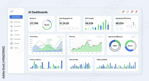 Business dashboard with graphs and charts.