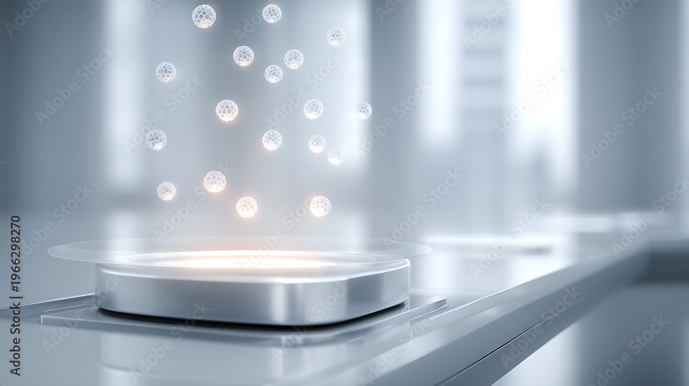 Obraz premium Modern clinical biomarker concept with glowing molecular elements over a sleek white healthcare platform.