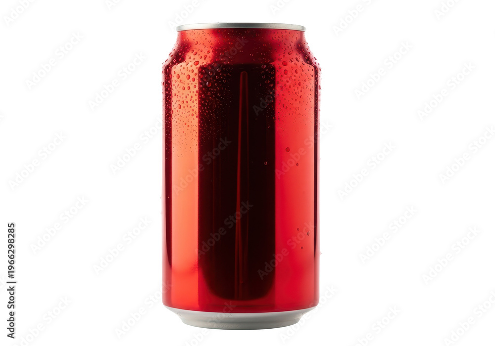 Obraz premium Red aluminum soda can with water droplets isolated on transparent background