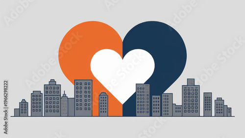 City skyline with heart symbol and buildings  urban love concept