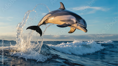 dolphin jumping out of ocean waves on sunny day