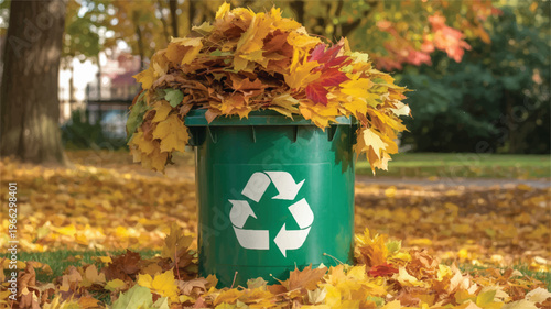 Green recycling bin overflowing with autumn leaves in a park