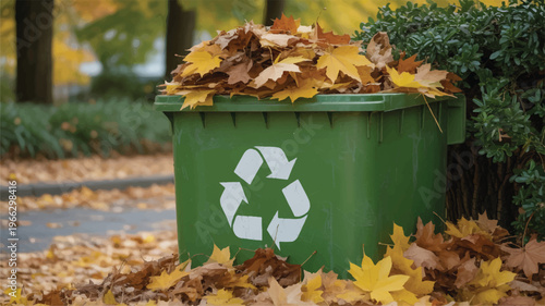 Green recycling bin overflowing with autumn leaves on sidewalk