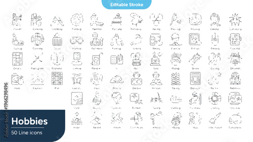 Collection of editable line icons representing various hobbies and activities