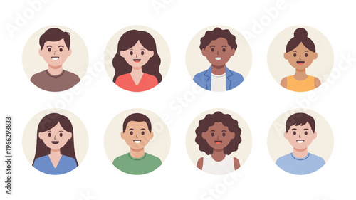 Diverse group of cartoon people with different faces and hairstyles smiling and looking happy