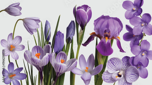 Purple flowers including irises and crocuses on white background
