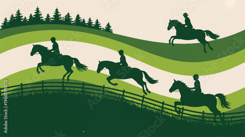 Equestrian silhouettes jumping over fences in green hills landscape with trees
