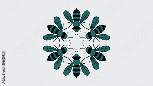 Teal and black wasps in circular formation on light gray background