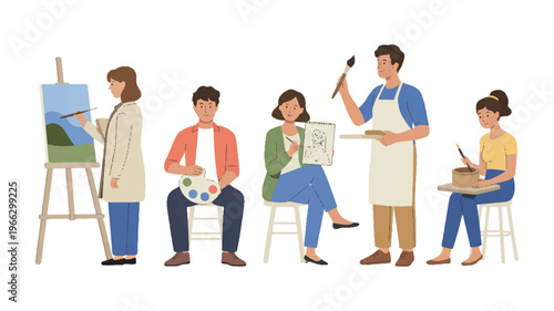 group of people engaged in various artistic activities like painting and drawing