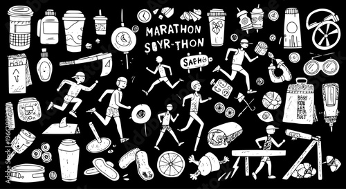 Hand-Drawn Marathon Race and Fitness Doodles: Runners, Sports Gear, and Refreshments on a Black Background