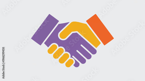 Handshake between two people in purple yellow and orange colors on gray background