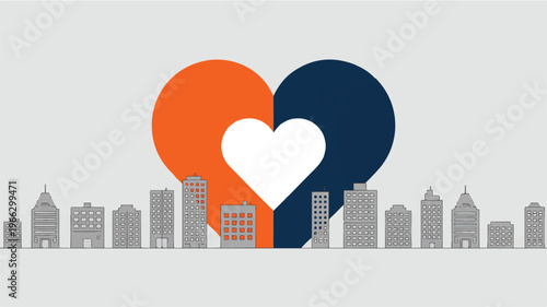 heart shape divided into orange and blue halves over city skyline