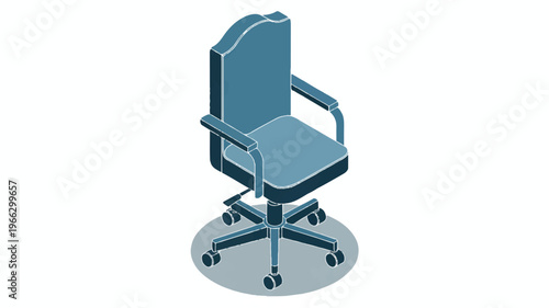 Isometric view of a blue office chair on wheels with armrests and a high back