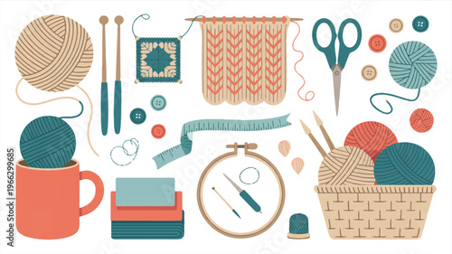 knitting and sewing tools and supplies on white background