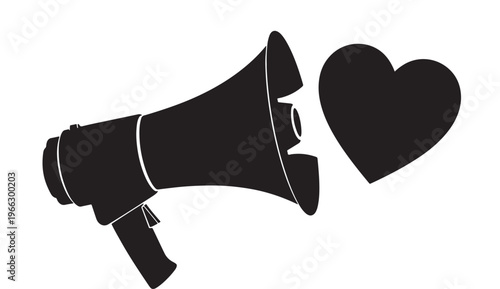 Black megaphone with heart shape coming out in flat design for love campaign Transparent Background