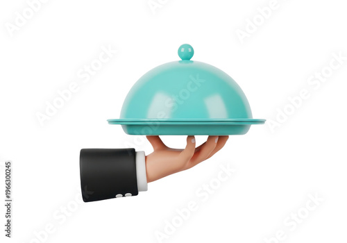 3d render of a hand in a black suit holding a silver serving cloche isolated on transparent background