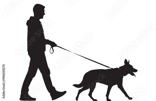 Man walking German Shepherd dog in black silhouette on for animal or pet related business Transparent Background