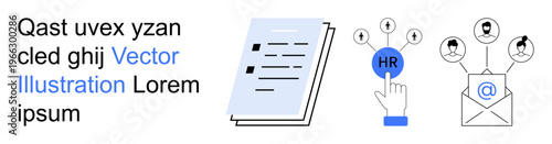 Recruitment, team management, hiring process, workplace, digital communication, HR solutions. Document, HR button email icon with connections. Recruitment and team management concepts