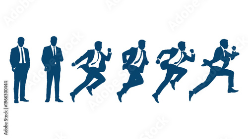running businessmen in different poses on white background