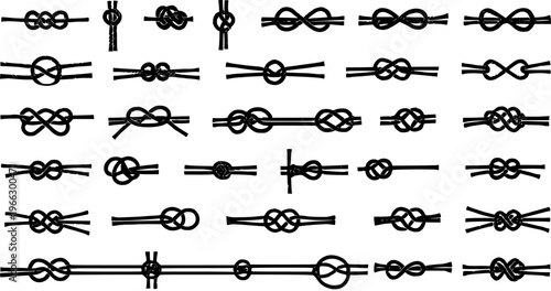 Collection of Various Knots and Rope Patterns, Black and White Vector Illustration