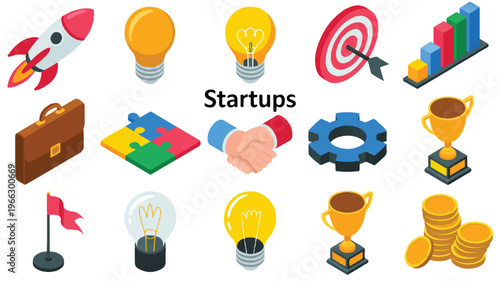 startup business icons with lightbulbs and gears and targets and graphs
