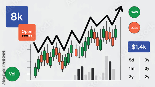 stock market chart with candlesticks and graphs showing financial growth and trends