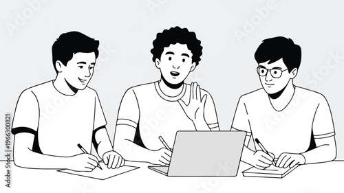 Three young men sitting at a table with a laptop and notebooks
