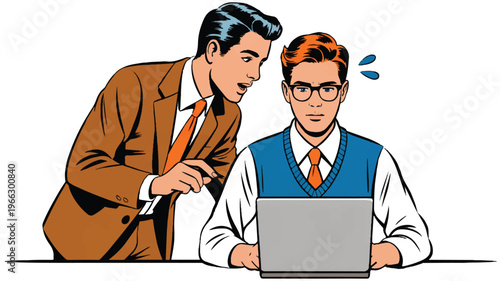 Two businessmen looking at laptop screen in shock and surprise