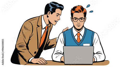 Two businessmen looking at laptop screen with concern and surprise