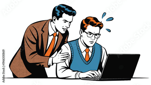 Two businessmen looking at laptop screen with worried expression