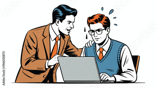 Two businessmen working together on a laptop in office setting