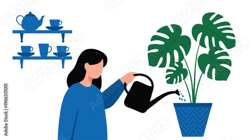 Woman watering a large green potted plant with a watering can at home