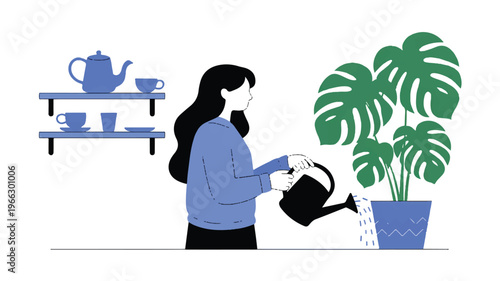 Woman watering a large green leafy houseplant with a blue pot indoors