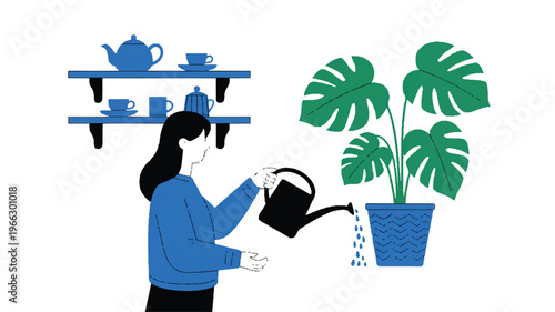 Woman watering a large potted plant with a watering can at home