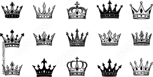 Hand-Drawn Royal Crowns Collection. Set of Sketchy King and Queen Headwear Illustrations, Regal Monarch Symbols.