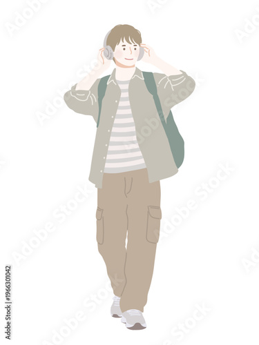 フラットイラスト　ヘッドホンで音楽を聴いている若い男性　くすみカラー・淡色・趣味