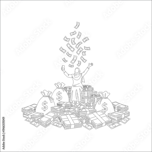 Rich Woman Throwing Money – Financial Success Line Art Vector Illustration