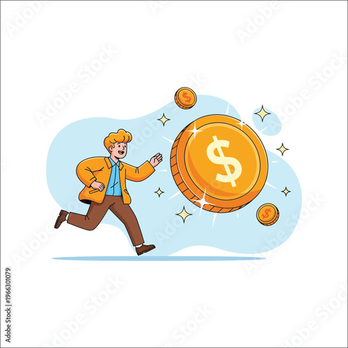 Cartoon businessman running and chasing a big gold dollar coin.