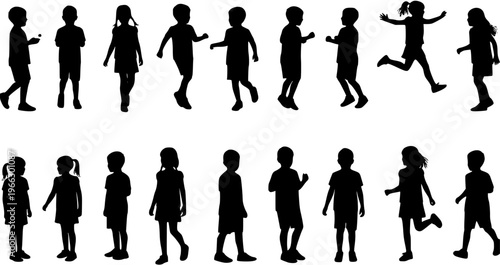 Silhouettes of Children: A Diverse Collection of Kids Playing, Standing, and Interacting