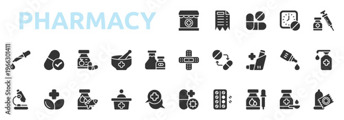 Pharmacy icon set glyph style with receipt, pills, dose, vaccination, pipette, generic drug, vitamin, compounded medicine, pharmaceutical, laboratory icons