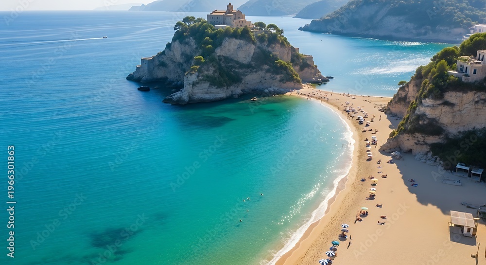 Fototapeta premium Aerial view of Sveti Stefan beach in Montenegro, Adriatic coast.
