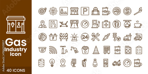 Gas and Oil Industry Icon Set with Fuel, Refinery, Pipeline, and Industrial Energy Vector Collection