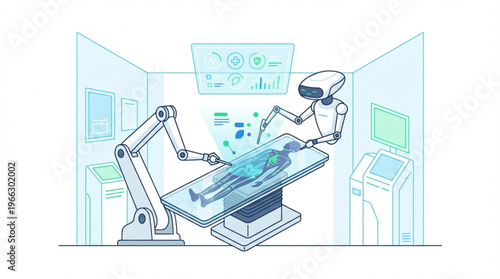 Futuristic Robotic Surgery with Artificial Intelligence and Holographic Patient Scan in Modern Hospital