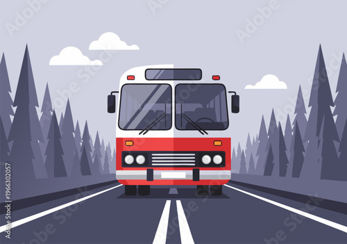 Red and white bus traveling on a highway with pine trees, vector illustration for graphic design