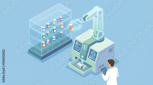 AI Pharmacy Robot Arm Dispensing Medicine in Modern Clinic Isometric Illustration