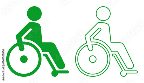 Wheelchair user icon pair in green, outlined and filled, accessibility symbol. Ideal for accessibility, disability support, or inclusive design.