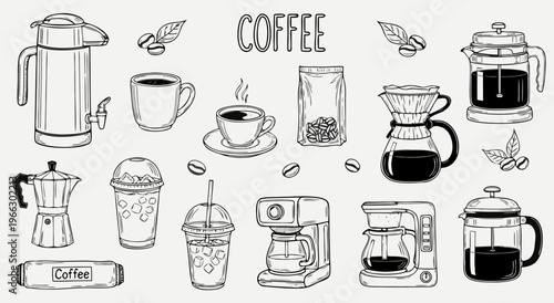 Vector illustration of coffee making equipment and drinks, coffee beans and accessories, hand-drawn style